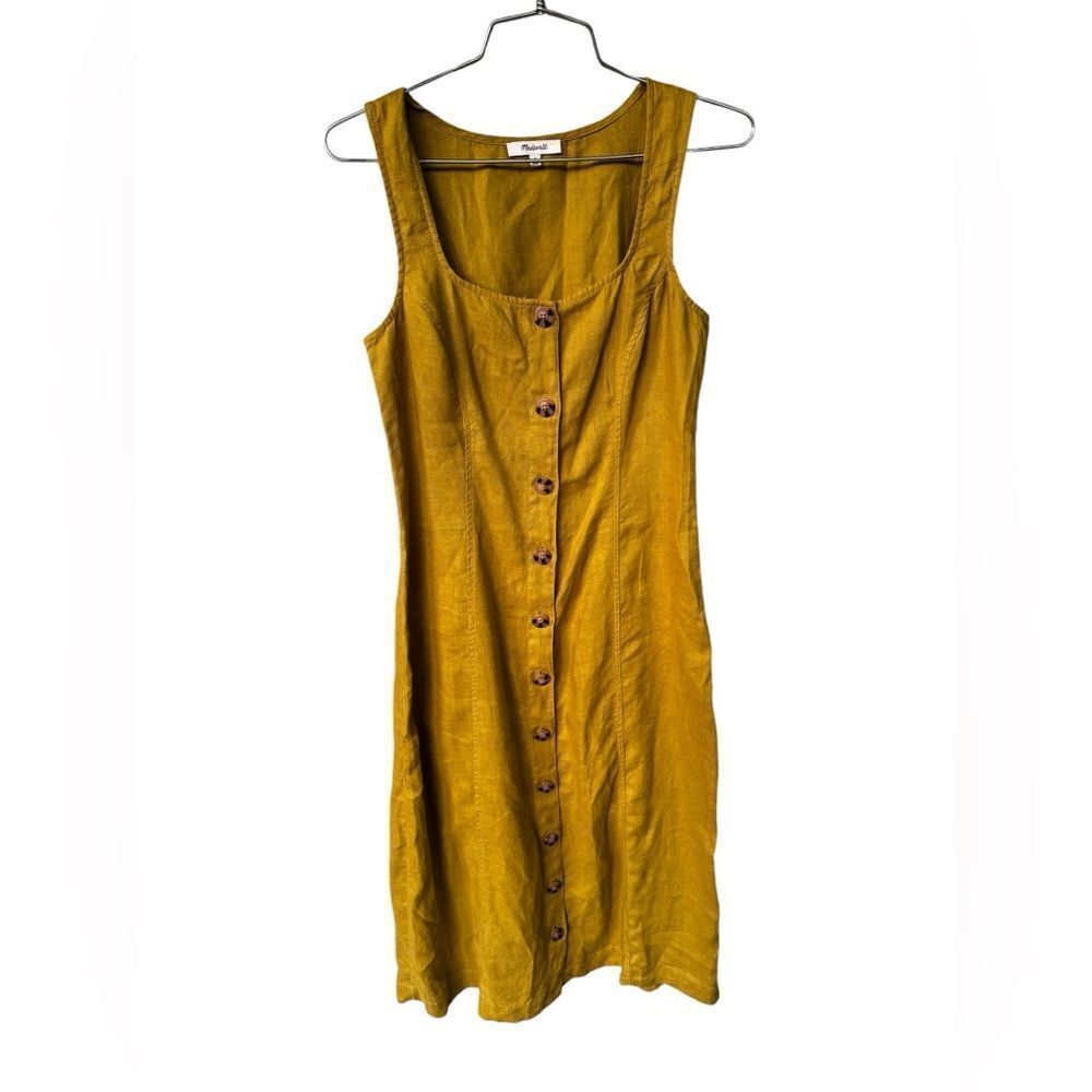 Madewell Button-Front Midi Dress in 100% Linen Citrus Lime 2 - Picture 3 of 7